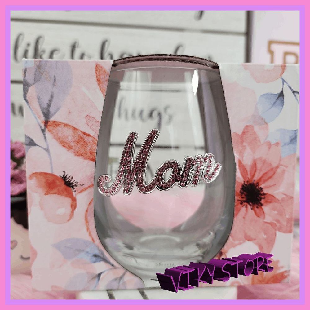 NWT Stemless Wine Glass Monogram "MOM" Bling Logo NWT